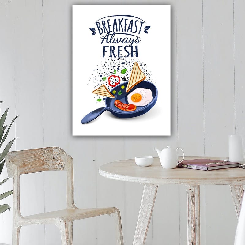 Canvastavla 70x100 cm - Färgglad illustration av en frukost med ägg, korv och rostat bröd i en stekpanna - Blå / Gul / Röd - Inredning - Tavlor & posters - Canvastavla
