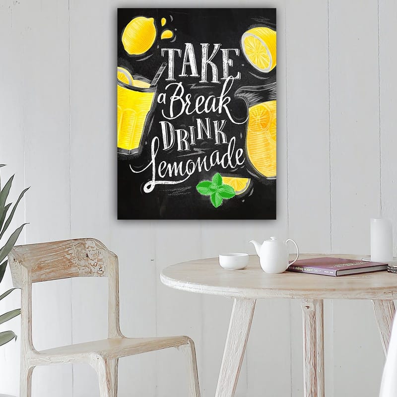 Canvastavla 70x100 cm - Färgglad illustration av en lemonad med citronskivor och fräscha myntablad - Gul / Grön / Vit - Inredning - Tavlor & posters - Canvastavla