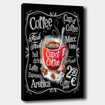 Canvastavla 70x100 cm - Färgglad kaffekopp med ånga som stiger upp, omgiven av text och kaffebönor - Röd / Svart / Vit - Inredning - Tavlor & posters - Canvastavla