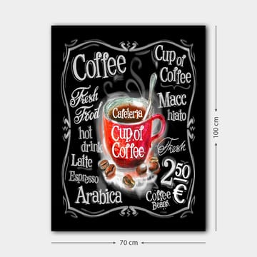 Canvastavla 70x100 cm - Färgglad kaffekopp med ånga som stiger upp, omgiven av text och kaffebönor - Röd / Svart / Vit - Inredning - Tavlor & posters - Canvastavla