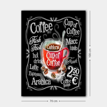 Canvastavla 70x100 cm - Färgglad kaffekopp med ånga som stiger upp, omgiven av text och kaffebönor - Röd / Svart / Vit - Inredning - Tavlor & posters - Canvastavla