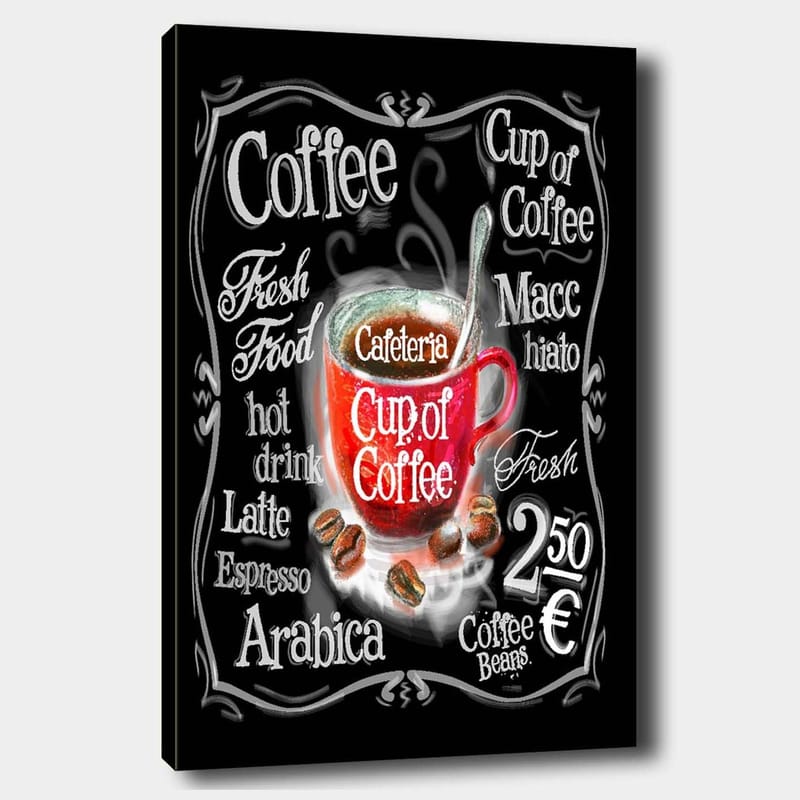 Canvastavla 70x100 cm - Färgglad kaffekopp med ånga som stiger upp, omgiven av text och kaffebönor - Röd / Svart / Vit - Inredning - Tavlor & posters - Canvastavla