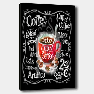 Canvastavla 70x100 cm - Färgglad kaffekopp med ånga som stiger upp, omgiven av text och kaffebönor - Röd / Svart / Vit - Inredning - Tavlor & posters - Canvastavla