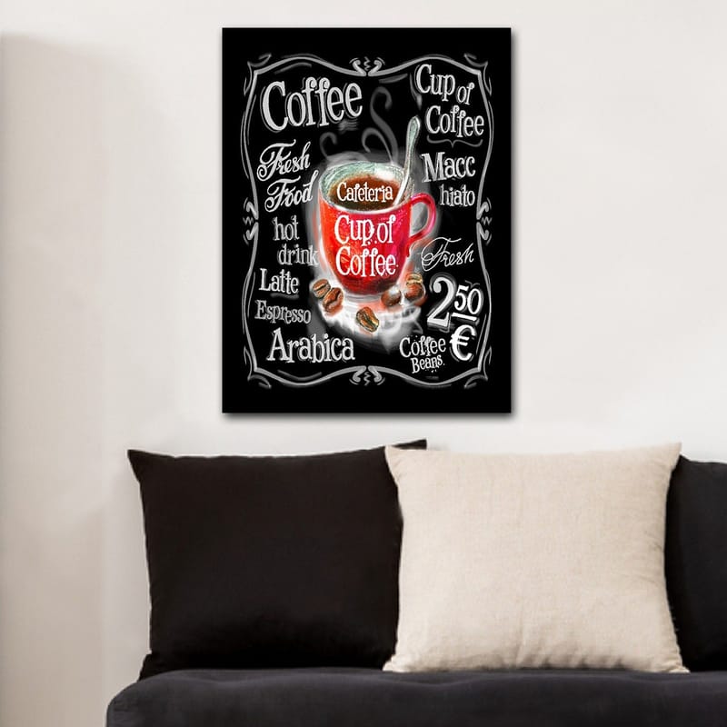 Canvastavla 70x100 cm - Färgglad kaffekopp med ånga som stiger upp, omgiven av text och kaffebönor, Röd / Svart / Vit