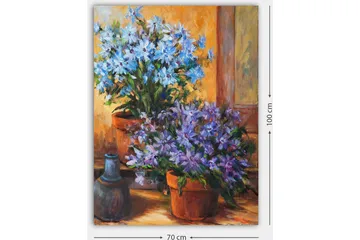 Canvastavla 70x100 cm - Färgglad komposition av blå och lila blommor i krukor - Blå / Lila / Grön - Inredning - Tavlor & posters - Canvastavla