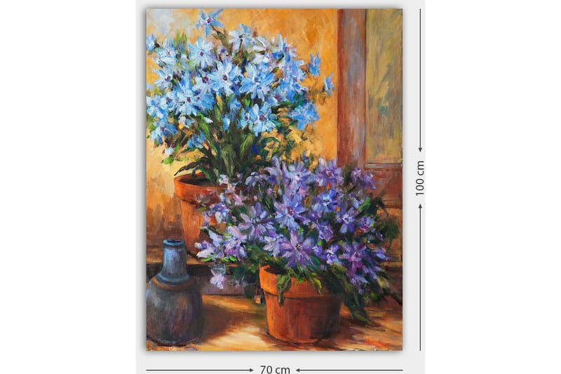 Canvastavla 70x100 cm - Färgglad komposition av blå och lila blommor i krukor - Blå / Lila / Grön - Inredning - Tavlor & posters - Canvastavla