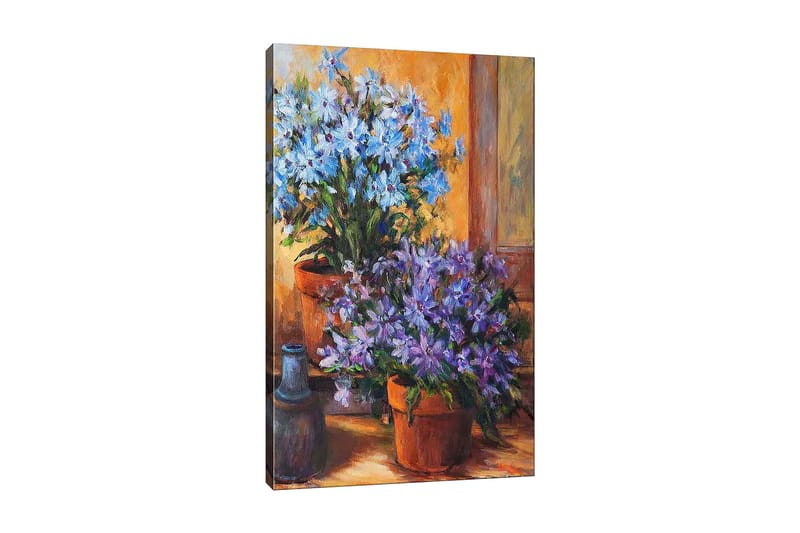 Canvastavla 70x100 cm - Färgglad komposition av blå och lila blommor i krukor, Blå / Lila / Grön