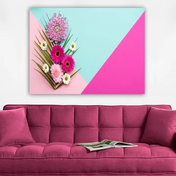 Canvastavla 70x100 cm - Färgglad komposition av blommor mot en geometrisk bakgrund i pastellfärger - Rosa / Ljusblå / Grön - Inredning - Tavlor & posters - Canvastavla