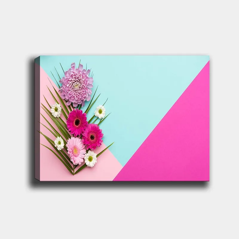 Canvastavla 70x100 cm - Färgglad komposition av blommor mot en geometrisk bakgrund i pastellfärger, Rosa / Ljusblå / Grön