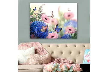 Canvastavla 70x100 cm - Färgglad komposition av blommor och fjärilar i en harmonisk naturmiljö - Blå / Rosa / Lila - Inredning - Tavlor & posters - Canvastavla