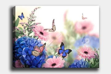 Canvastavla 70x100 cm - Färgglad komposition av blommor och fjärilar i en harmonisk naturmiljö - Blå / Rosa / Lila - Inredning - Tavlor & posters - Canvastavla