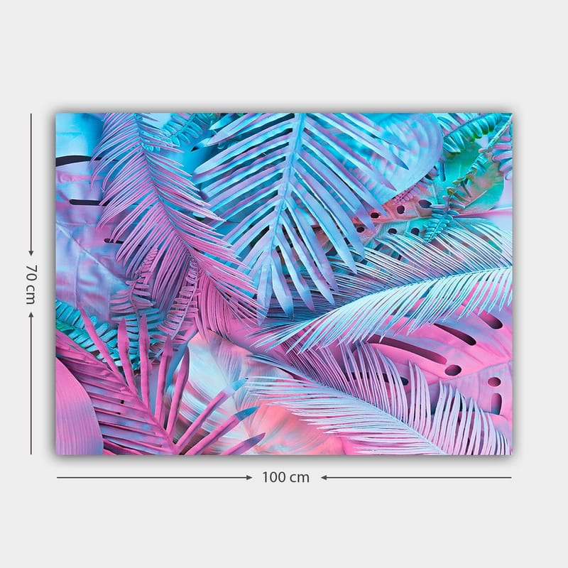 Canvastavla 70x100 cm - Färgglad komposition av tropiska palmblad i rosa och blå nyanser - Rosa / Blå / Turkos - Inredning - Tavlor & posters - Canvastavla