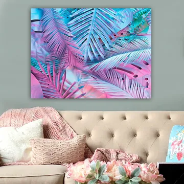 Canvastavla 70x100 cm - Färgglad komposition av tropiska palmblad i rosa och blå nyanser - Rosa / Blå / Turkos - Inredning - Tavlor & posters - Canvastavla