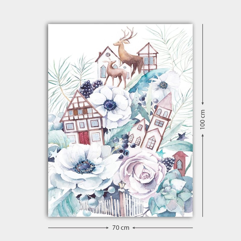 Canvastavla 70x100 cm - Färgglad komposition med blommor, hus och djur i en harmonisk landskapsdesign - Vit / Grön / Brun - Inredning - Tavlor & posters - Canvastavla