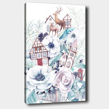 Canvastavla 70x100 cm - Färgglad komposition med blommor, hus och djur i en harmonisk landskapsdesign - Vit / Grön / Brun - Inredning - Tavlor & posters - Canvastavla
