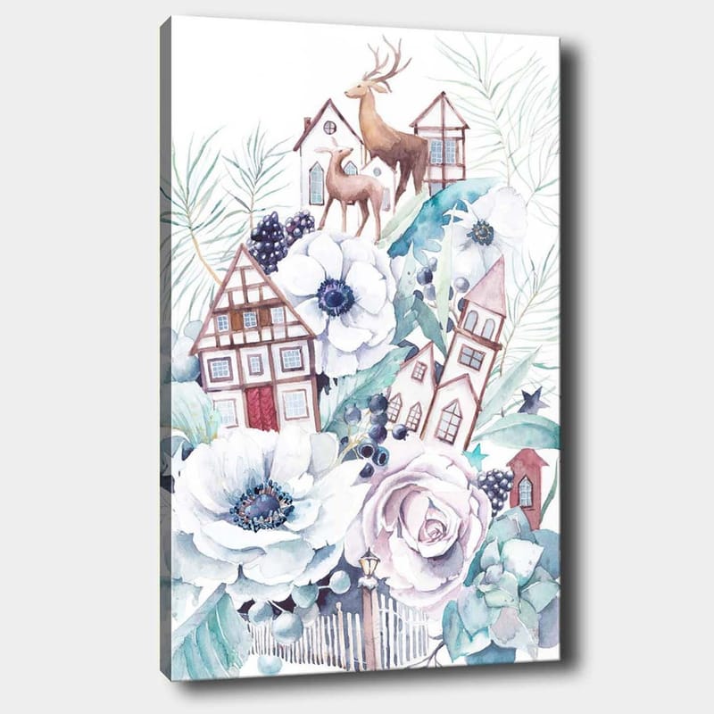 Canvastavla 70x100 cm - Färgglad komposition med blommor, hus och djur i en harmonisk landskapsdesign - Vit / Grön / Brun - Inredning - Tavlor & posters - Canvastavla