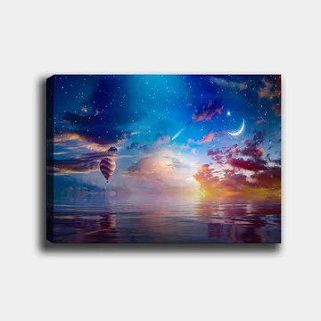 Canvastavla 70x100 cm - Färgglad luftballong svävar över en spegelblanka yta under en stjärnklar himmel med dramatiska moln och en måne - Blå / Orange / Röd - Inredning - Tavlor & posters - Canvastavla