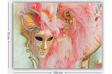 Canvastavla 70x100 cm - Färgglad maskeradmask prydd med fjädrar och ornament, som fångar den festliga atmosfären av en maskeradbal - Rosa / Guld / Vit - Inredning - Tavlor & posters - Canvastavla