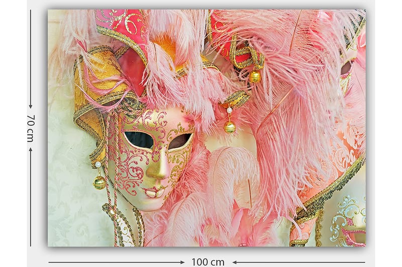Canvastavla 70x100 cm - Färgglad maskeradmask prydd med fjädrar och ornament, som fångar den festliga atmosfären av en maskeradbal - Rosa / Guld / Vit - Inredning - Tavlor & posters - Canvastavla