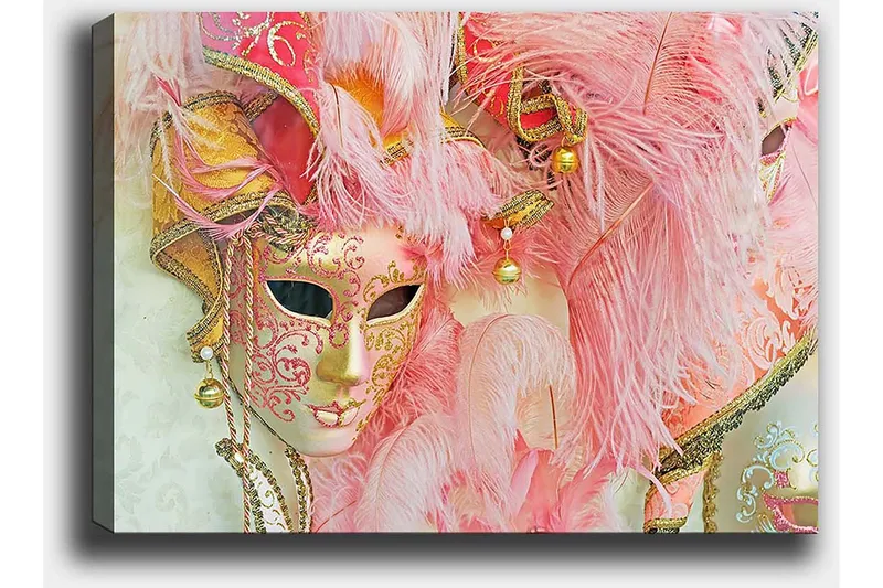 Canvastavla 70x100 cm - Färgglad maskeradmask prydd med fjädrar och ornament, som fångar den festliga atmosfären av en maskeradbal - Rosa / Guld / Vit - Inredning - Tavlor & posters - Canvastavla