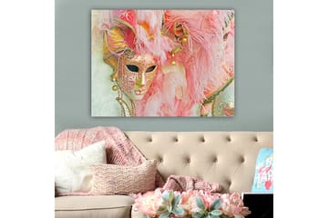 Canvastavla 70x100 cm - Färgglad maskeradmask prydd med fjädrar och ornament, som fångar den festliga atmosfären av en maskeradbal - Rosa / Guld / Vit - Inredning - Tavlor & posters - Canvastavla