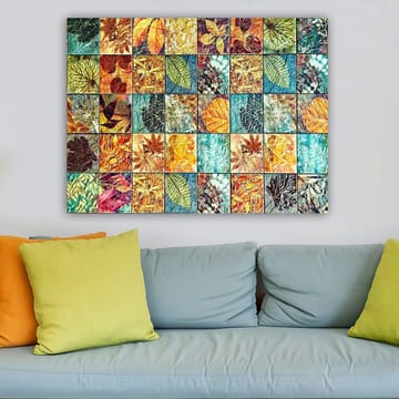 Canvastavla 70x100 cm - Färgglad mosaik av olika löv i varierande nyanser och mönster - Grön / Orange / Gul - Inredning - Tavlor & posters - Canvastavla