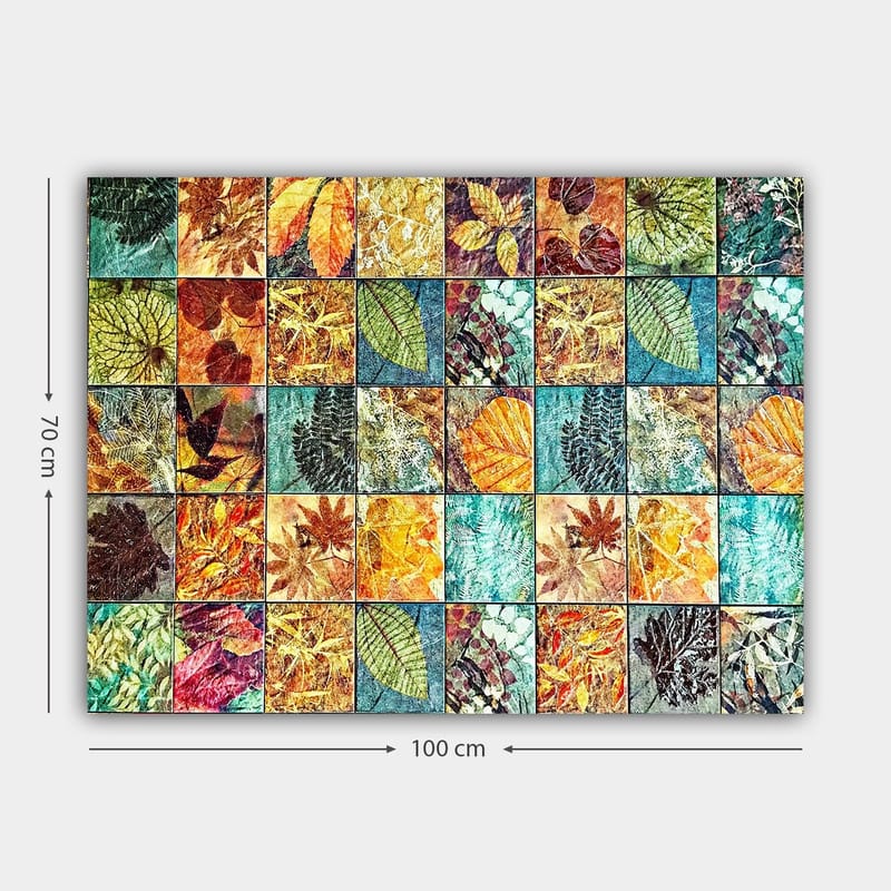 Canvastavla 70x100 cm - Färgglad mosaik av olika löv i varierande nyanser och mönster - Grön / Orange / Gul - Inredning - Tavlor & posters - Canvastavla