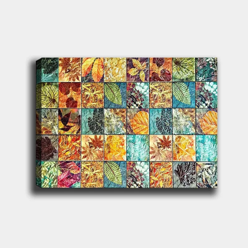 Canvastavla 70x100 cm - Färgglad mosaik av olika löv i varierande nyanser och mönster, Grön / Orange / Gul