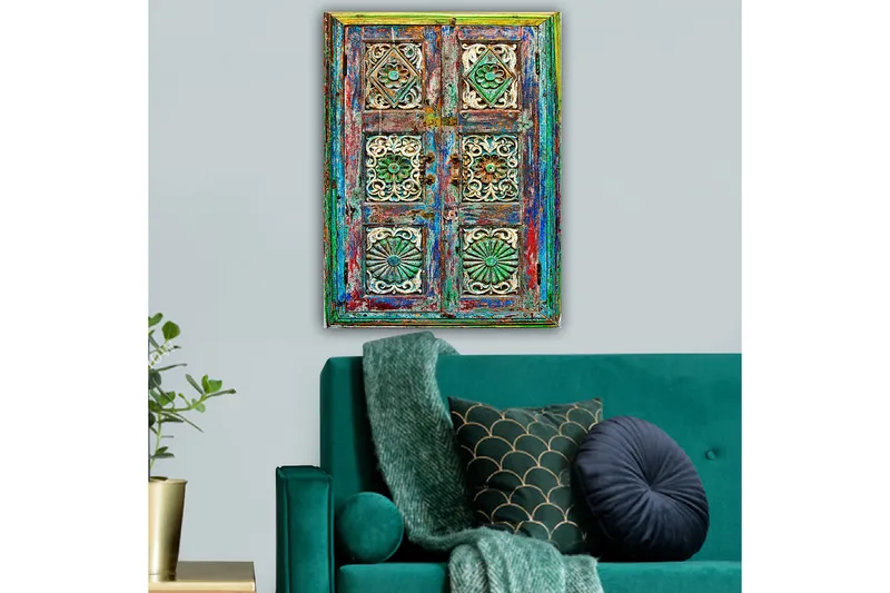 Canvastavla 70x100 cm - Färgglad och detaljerad dörr med intrikata sniderier och mönster - Grön / Blå / Röd - Inredning - Tavlor & posters - Canvastavla