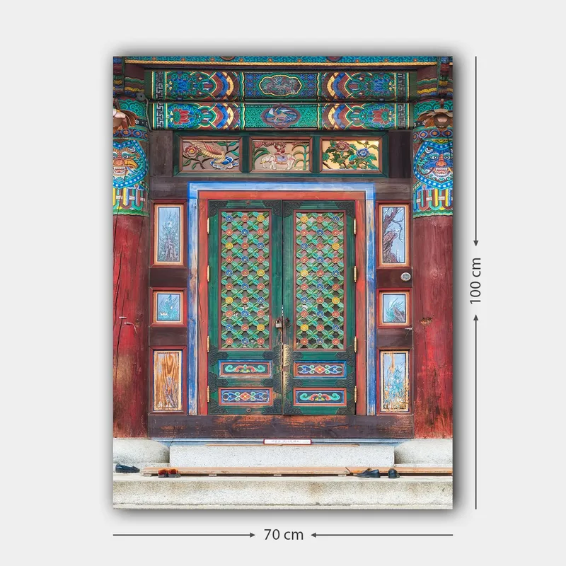 Canvastavla 70x100 cm - Färgglad och detaljerad dörr med traditionella mönster och dekorationer - Grön / Röd / Blå - Inredning - Tavlor & posters - Canvastavla