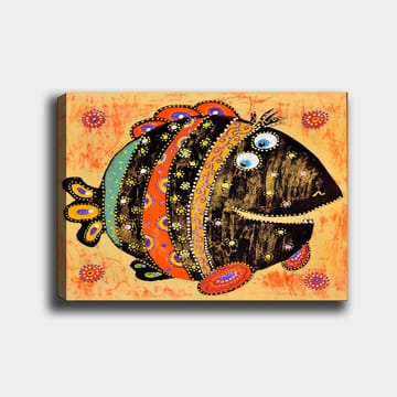 Canvastavla 70x100 cm - Färgglad och lekfull fisk med mönster och stora ögon - Svart / Orange / Blå - Inredning - Tavlor & posters - Canvastavla