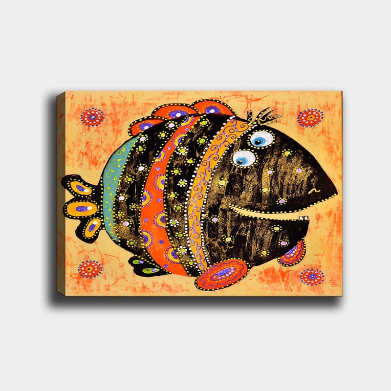 Canvastavla 70x100 cm - Färgglad och lekfull fisk med mönster och stora ögon, Svart / Orange / Blå