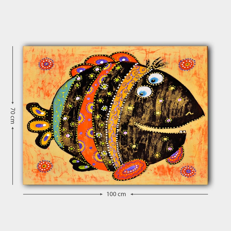 Canvastavla 70x100 cm - Färgglad och lekfull fisk med mönster och stora ögon - Svart / Orange / Blå - Inredning - Tavlor & posters - Canvastavla