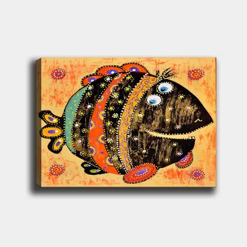 Canvastavla 70x100 cm - Färgglad och lekfull fisk med mönster och stora ögon - Svart / Orange / Blå - Inredning - Tavlor & posters - Canvastavla