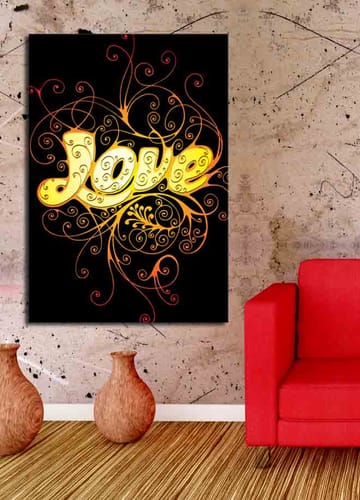 Canvastavla 70x100 cm - Färgglad och lekfull illustration av ordet Love med dekorativa spiraler - Gul / Orange / Röd - Inredning - Tavlor & posters - Canvastavla