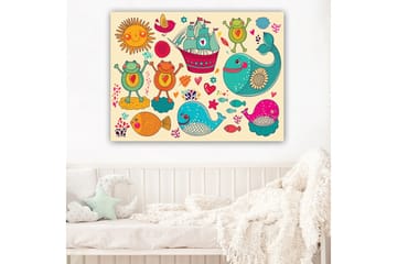 Canvastavla 70x100 cm - Färgglad och lekfull illustration med glada grodor, fiskar och ett fartyg i en fantasifull maritim miljö - Turkos / Orange / Rosa - Inredning - Tavlor & posters - Canvastavla