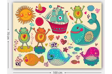 Canvastavla 70x100 cm - Färgglad och lekfull illustration med glada grodor, fiskar och ett fartyg i en fantasifull maritim miljö - Turkos / Orange / Rosa - Inredning - Tavlor & posters - Canvastavla