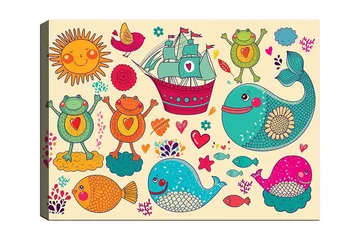 Canvastavla 70x100 cm - Färgglad och lekfull illustration med glada grodor, fiskar och ett fartyg i en fantasifull maritim miljö - Turkos / Orange / Rosa - Inredning - Tavlor & posters - Canvastavla