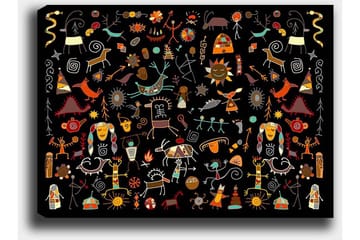 Canvastavla 70x100 cm - Färgglad och lekfull samling av symboler och figurer som representerar natur och kultur - Röd / Gul / Svart - Inredning - Tavlor & posters - Canvastavla