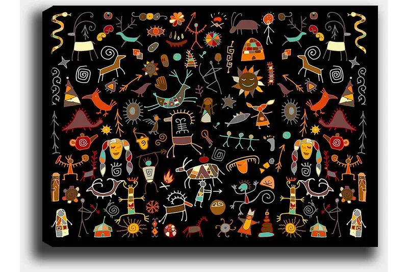 Canvastavla 70x100 cm - Färgglad och lekfull samling av symboler och figurer som representerar natur och kultur - Röd / Gul / Svart - Inredning - Tavlor & posters - Canvastavla