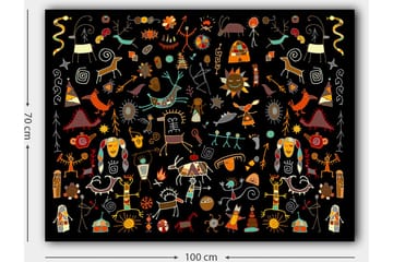 Canvastavla 70x100 cm - Färgglad och lekfull samling av symboler och figurer som representerar natur och kultur - Röd / Gul / Svart - Inredning - Tavlor & posters - Canvastavla