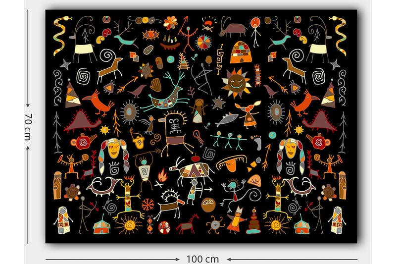 Canvastavla 70x100 cm - Färgglad och lekfull samling av symboler och figurer som representerar natur och kultur - Röd / Gul / Svart - Inredning - Tavlor & posters - Canvastavla