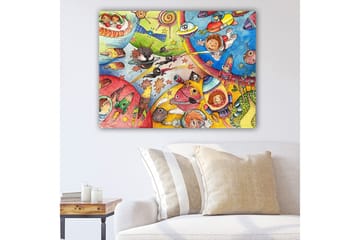 Canvastavla 70x100 cm - Färgglad och lekfull scen med barn som utforskar rymden och äter glass i en fantasifull miljö - Blå / Röd / Gul - Inredning - Tavlor & posters - Canvastavla