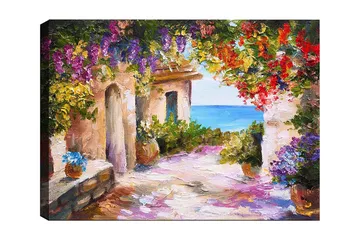Canvastavla 70x100 cm - Färgglad och livlig gränd med blommor och havsutsikt - Lila / Grön / Röd - Inredning - Tavlor & posters - Canvastavla