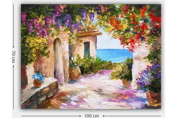 Canvastavla 70x100 cm - Färgglad och livlig gränd med blommor och havsutsikt - Lila / Grön / Röd - Inredning - Tavlor & posters - Canvastavla