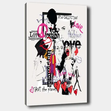 Canvastavla 70x100 cm - Färgglad och modern collage av modeikoner och uttryck för kärlek och fred - Rosa / Svart / Röd - Inredning - Tavlor & posters - Canvastavla