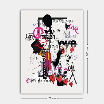 Canvastavla 70x100 cm - Färgglad och modern collage av modeikoner och uttryck för kärlek och fred - Rosa / Svart / Röd - Inredning - Tavlor & posters - Canvastavla