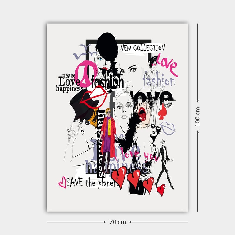 Canvastavla 70x100 cm - Färgglad och modern collage av modeikoner och uttryck för kärlek och fred - Rosa / Svart / Röd - Inredning - Tavlor & posters - Canvastavla