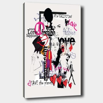 Canvastavla 70x100 cm - Färgglad och modern collage av modeikoner och uttryck för kärlek och fred - Rosa / Svart / Röd - Inredning - Tavlor & posters - Canvastavla