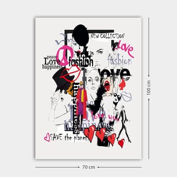 Canvastavla 70x100 cm - Färgglad och modern collage av modeikoner och uttryck för kärlek och fred - Rosa / Svart / Röd - Inredning - Tavlor & posters - Canvastavla